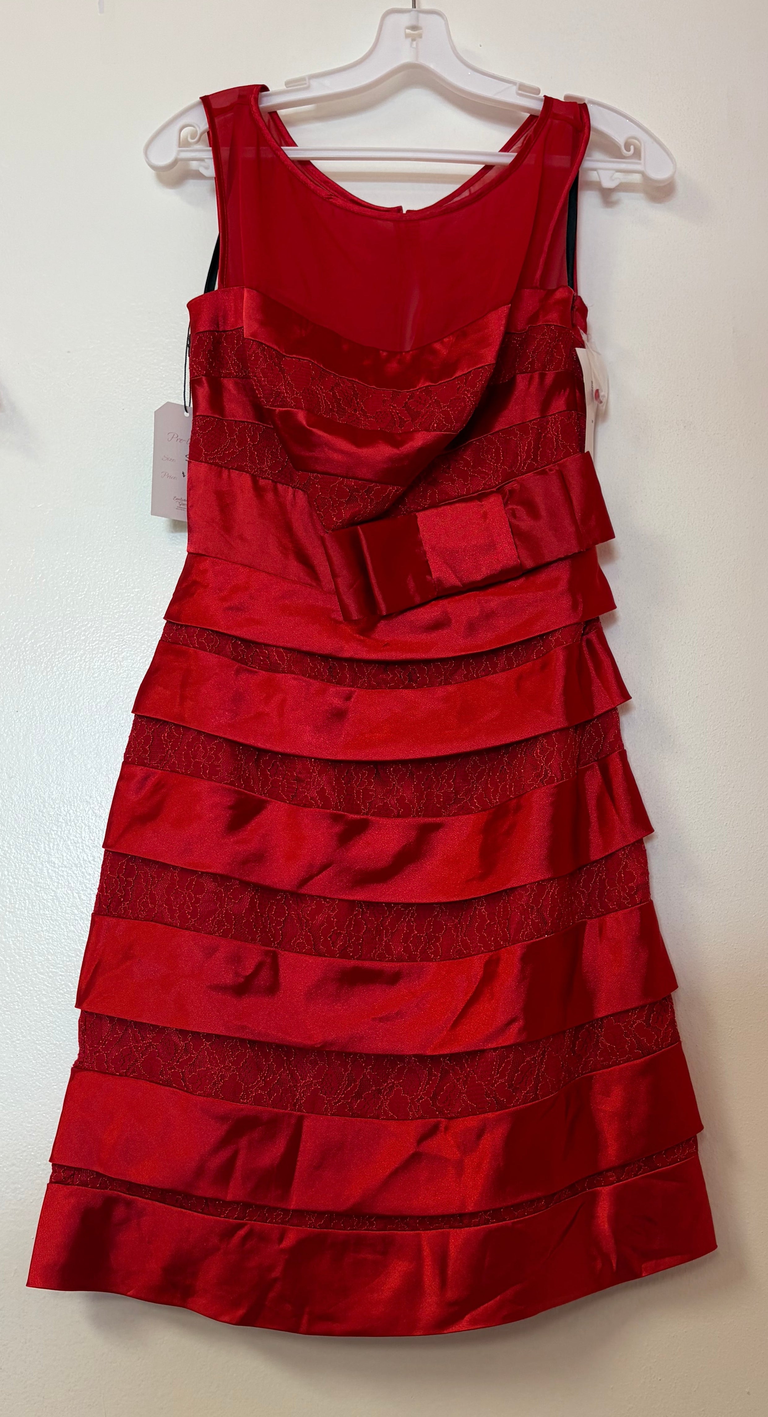 Chicas Red Satin Tiered Cocktail Dress with Bow Waist Detail and Lace Insets