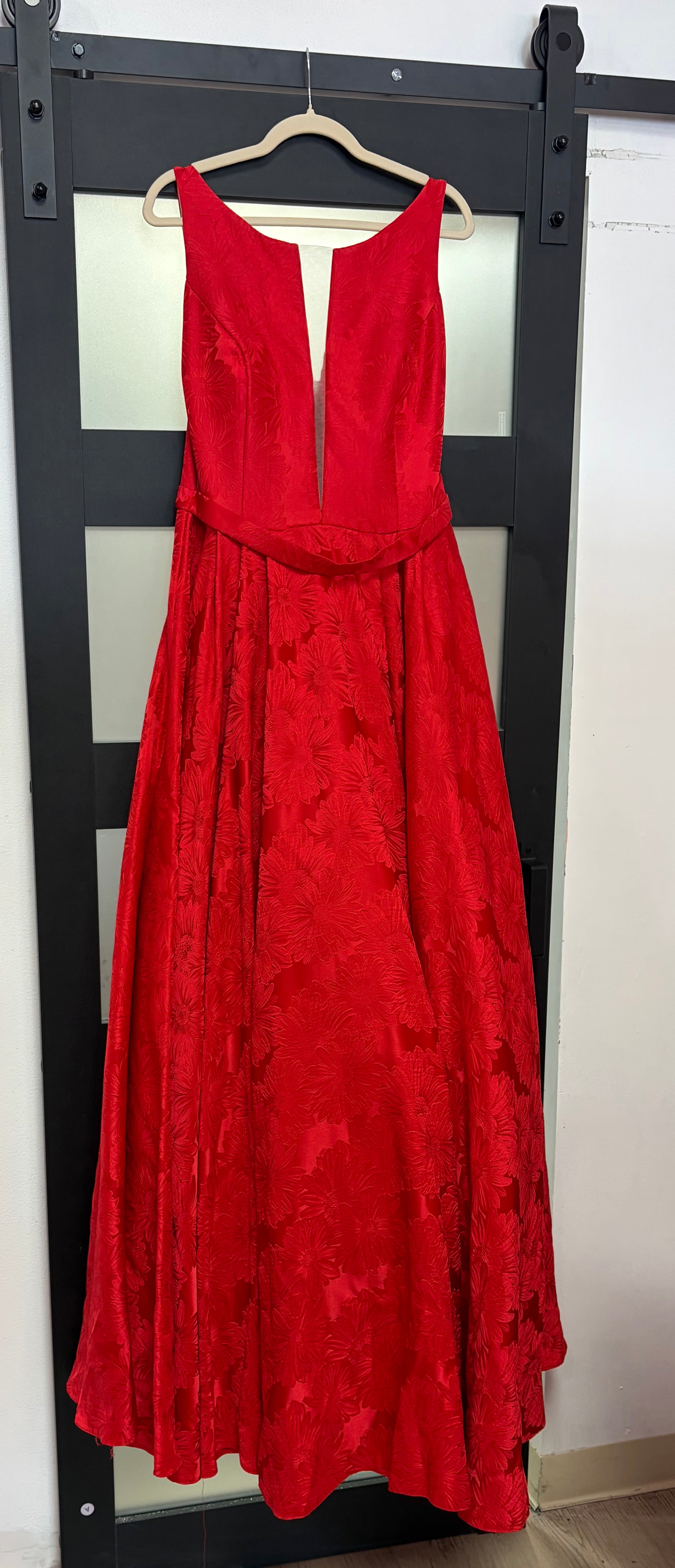 Sherri Hill 52349 Red Floral Jacquard Ball Gown with Plunging Neckline