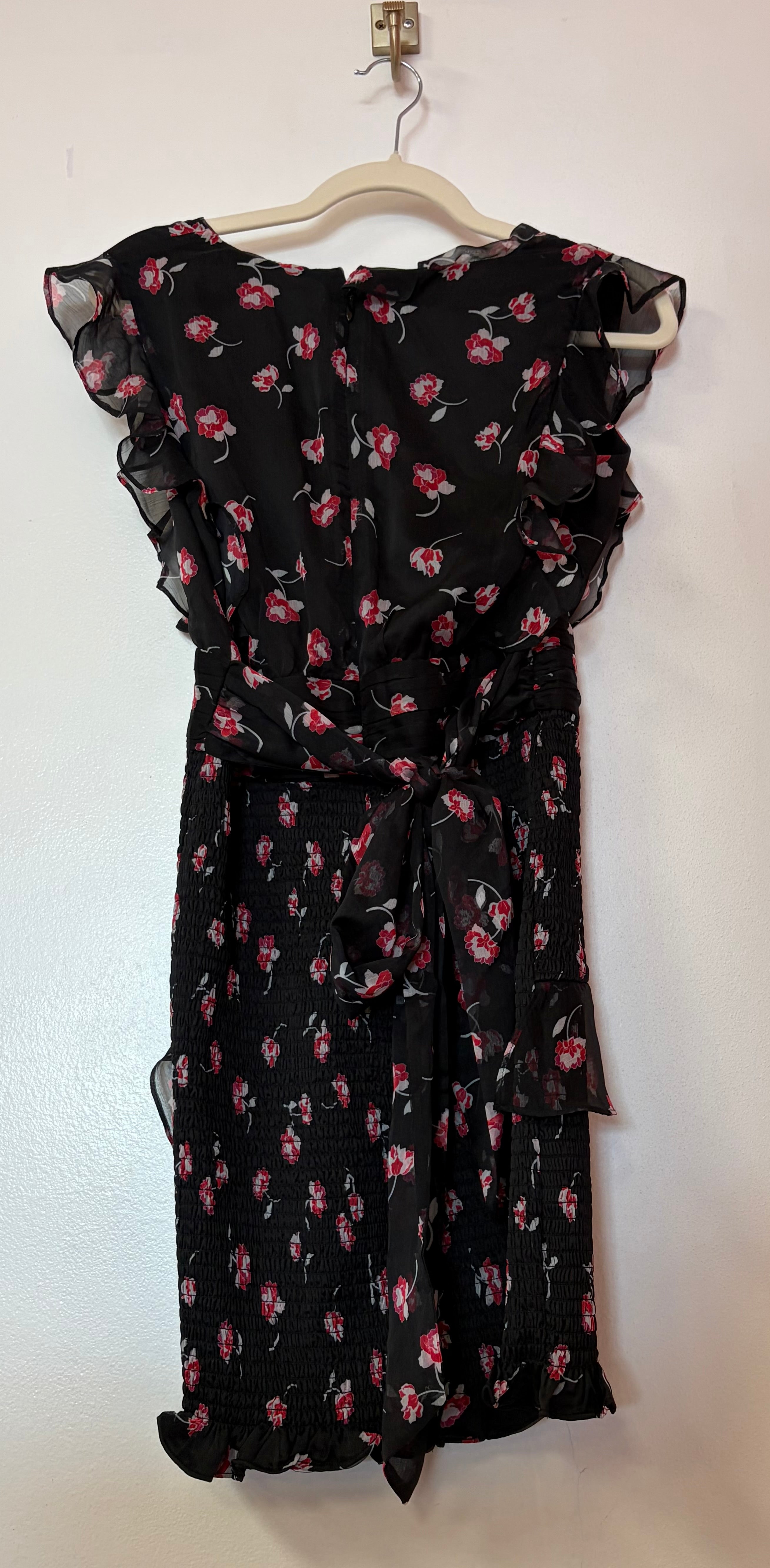 Black Floral Ruffle Cocktail Dress with Smocked Skirt and Cascading Chiffon Details