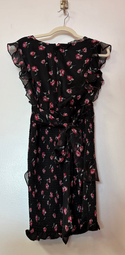 Black Floral Ruffle Cocktail Dress with Smocked Skirt and Cascading Chiffon Details