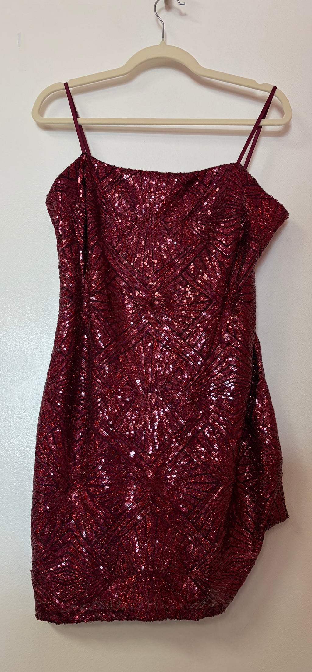 Burgundy Geometric Sequin Homecoming Dress with Art Deco Inspired Beadwork