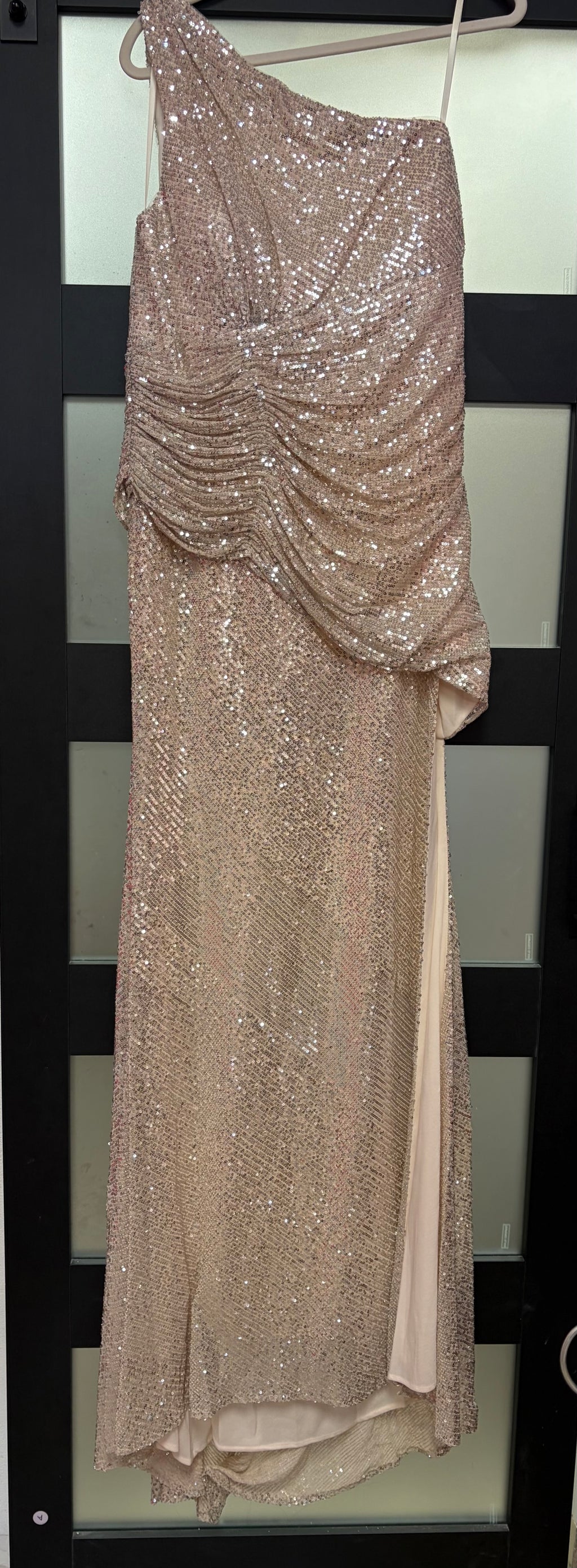 LaDivine CH077C Champagne One-Shoulder Sequin Formal Gown with Ruched Overlay