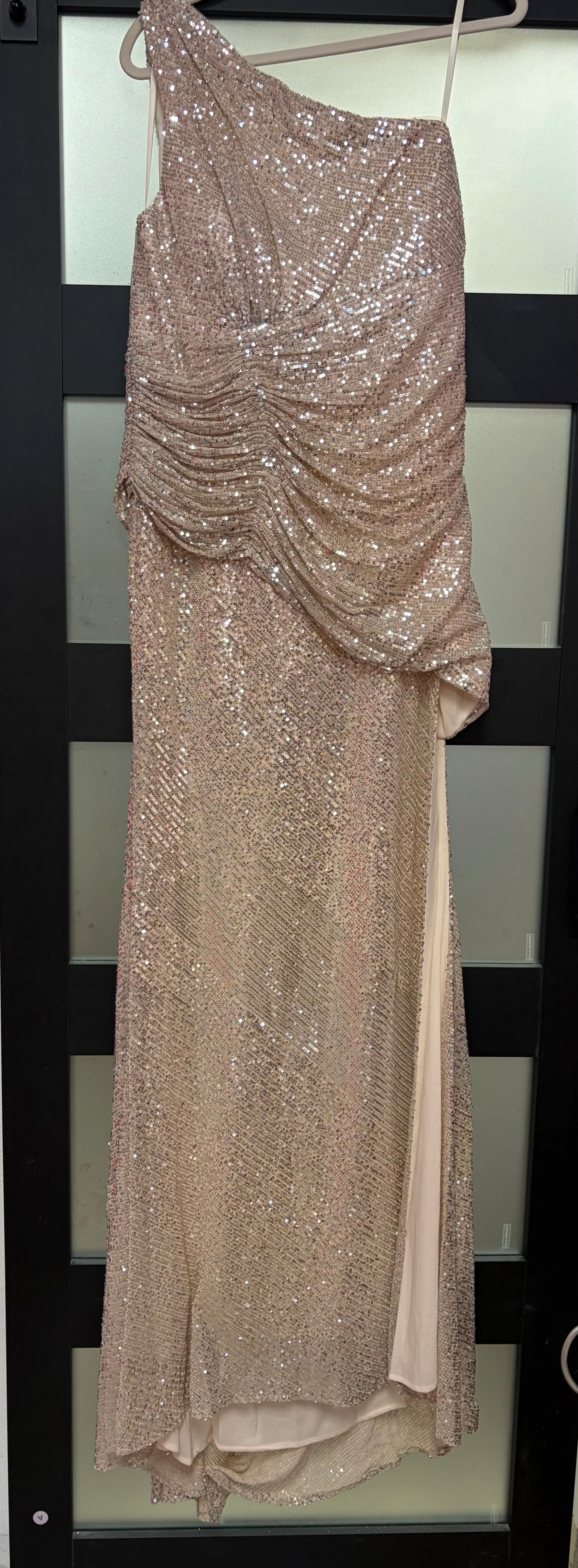 LaDivine CH077C Champagne One-Shoulder Sequin Formal Gown with Ruched Overlay