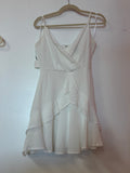 Ivory Satin Wrap Mini Dress with Asymmetrical Ruffle Hem and Spaghetti Straps