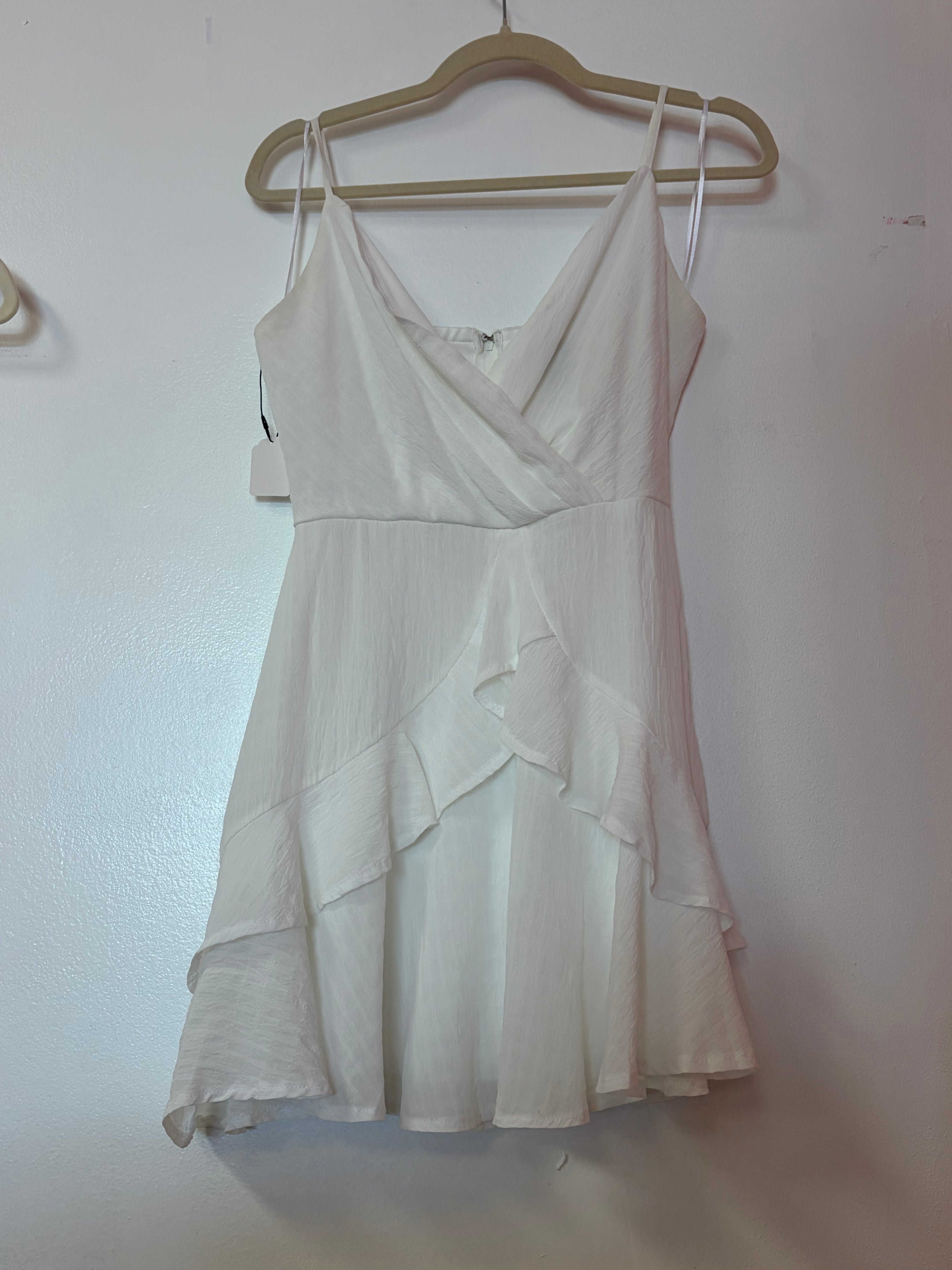 Ivory Satin Wrap Mini Dress with Asymmetrical Ruffle Hem and Spaghetti Straps