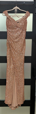 La Femme 29831 Rose Gold Metallic Off-the-Shoulder Gown with Embellished Straps