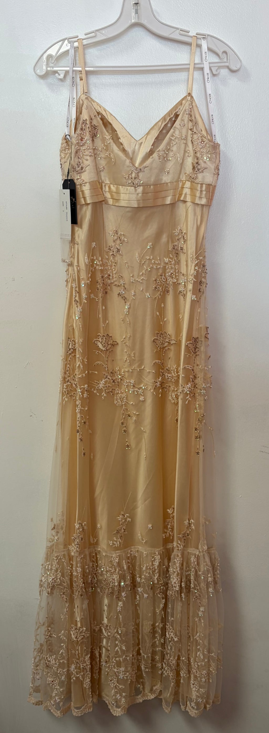 Chicas 96095 Champagne Embroidered Mesh Formal Dress with Beaded Floral Detail