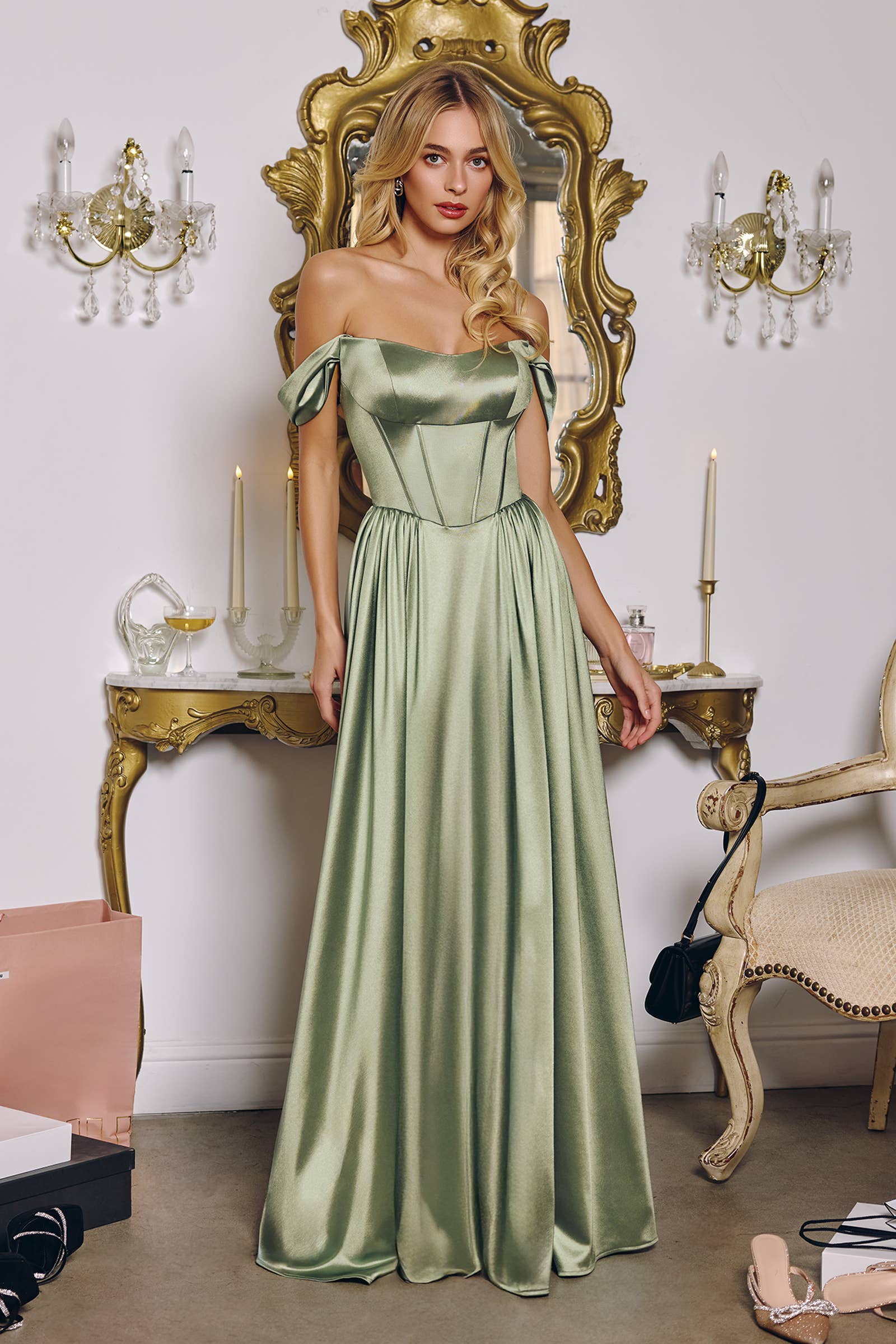 Amoris by Cinderella Divine T612 Satin Corset A-Line Formal Dress with Lace-Up Back