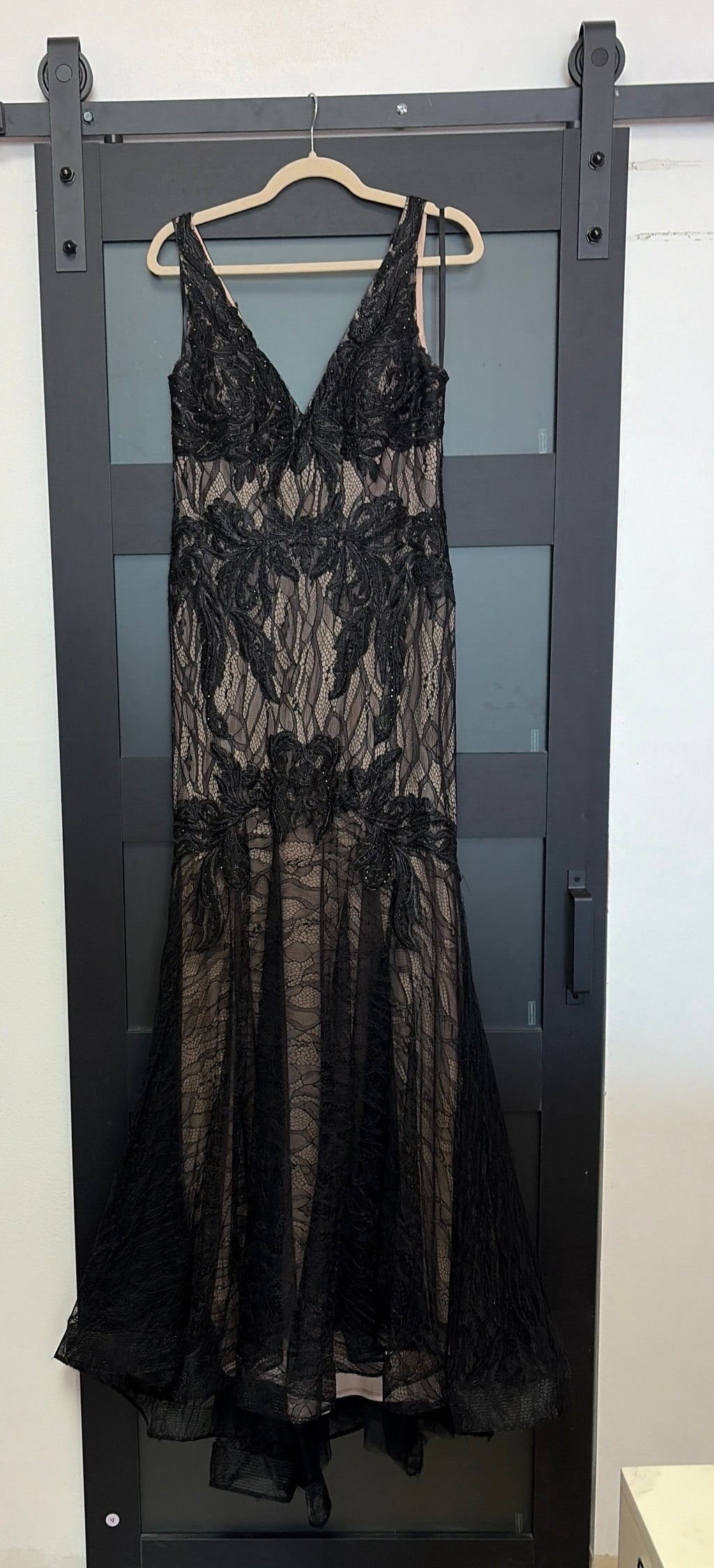Betsy & Adam nude and black lace gown