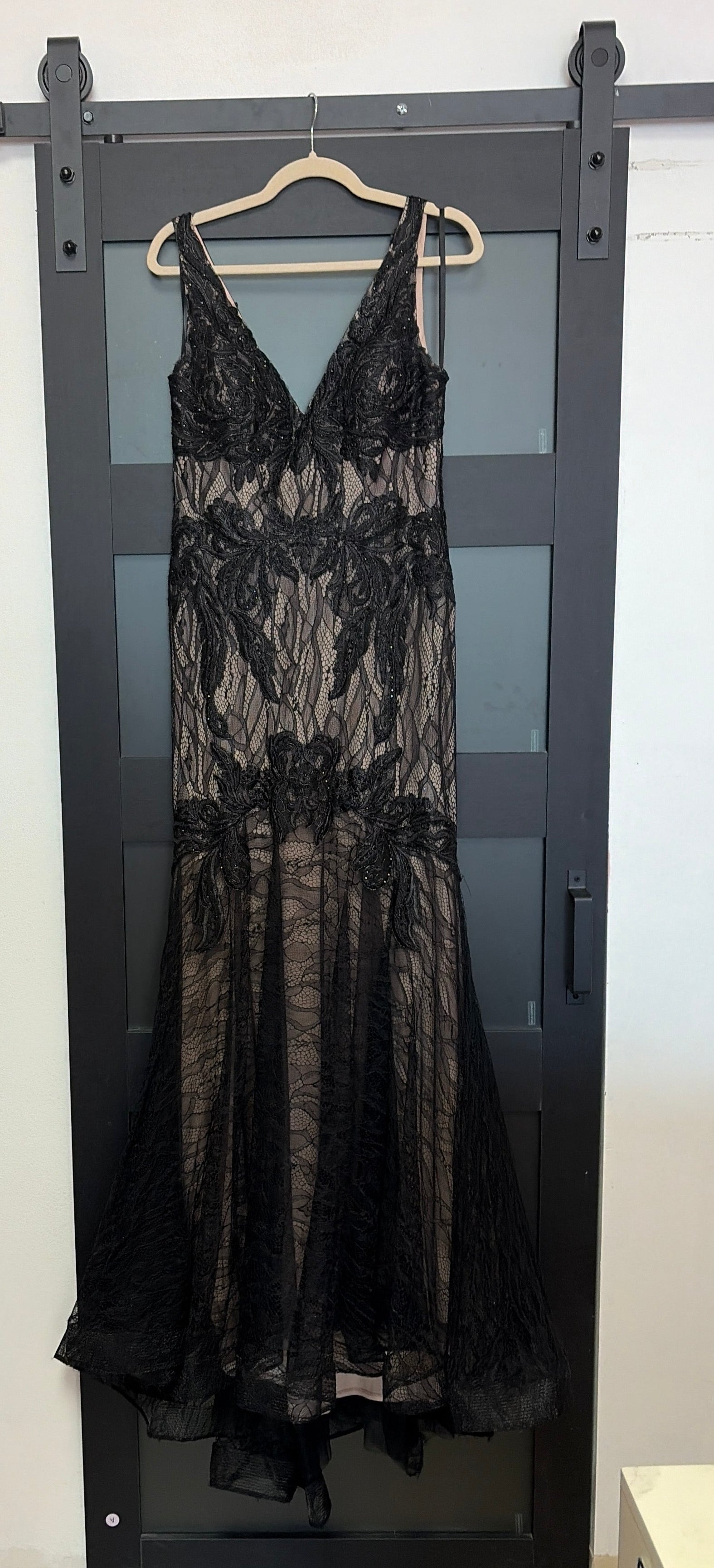 Betsy & Adam nude and black lace gown