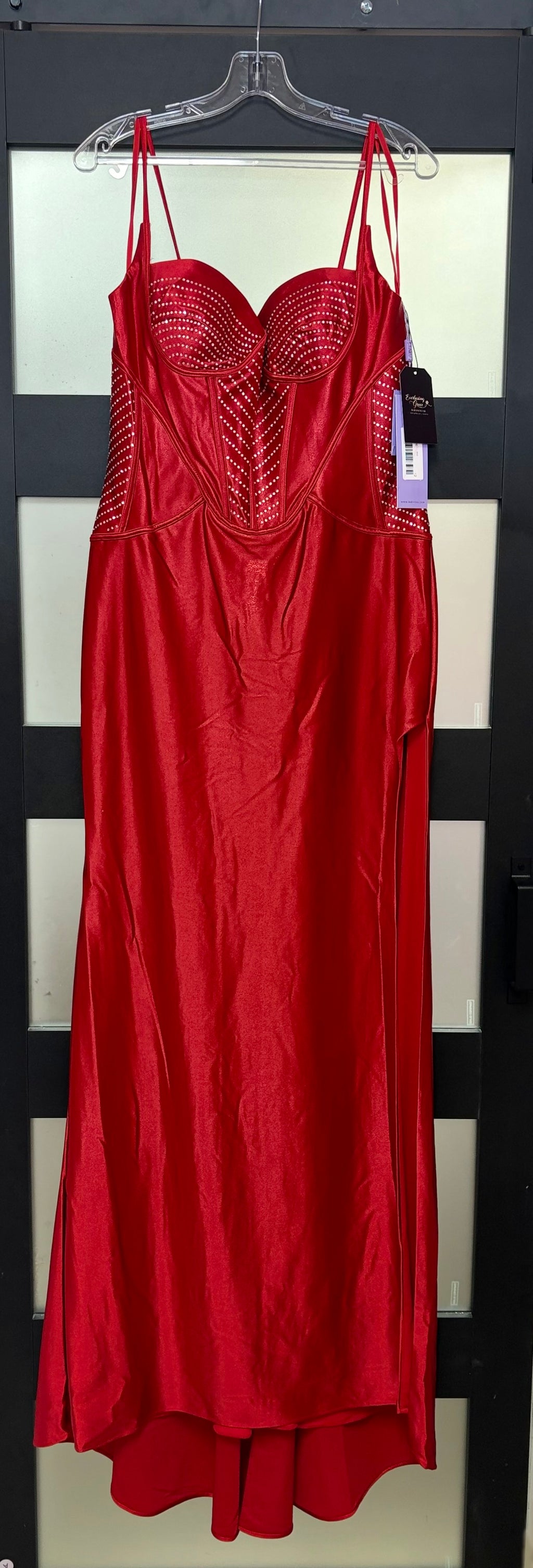 LaDivine CDS426 Red Satin Corset Formal Gown with Rhinestone Bodice