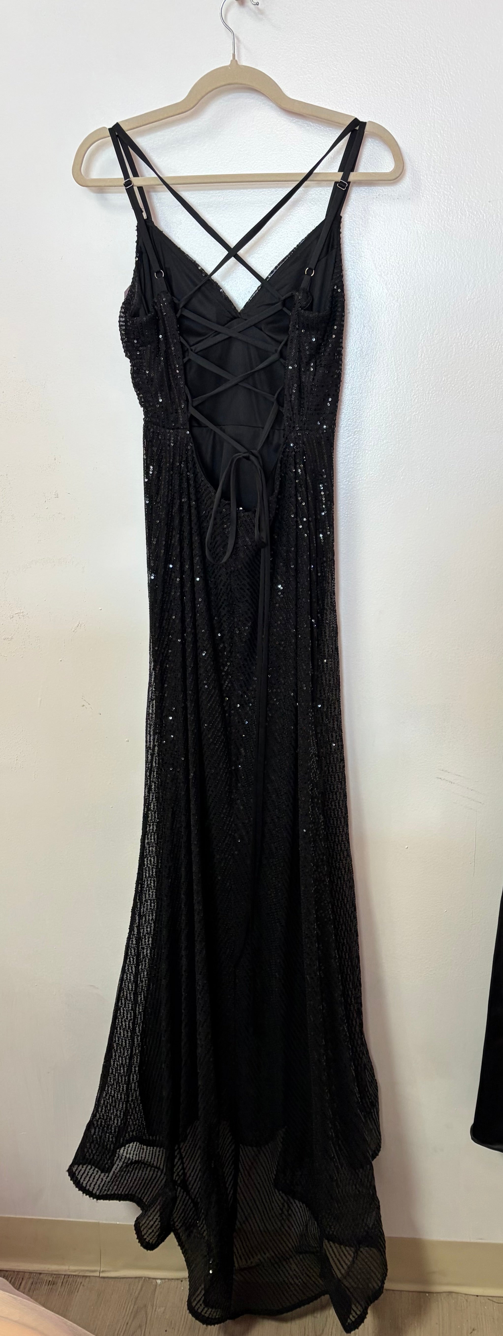 Black Sequin Lace-Up Back Evening Gown with High Slit and Sheer Overlay