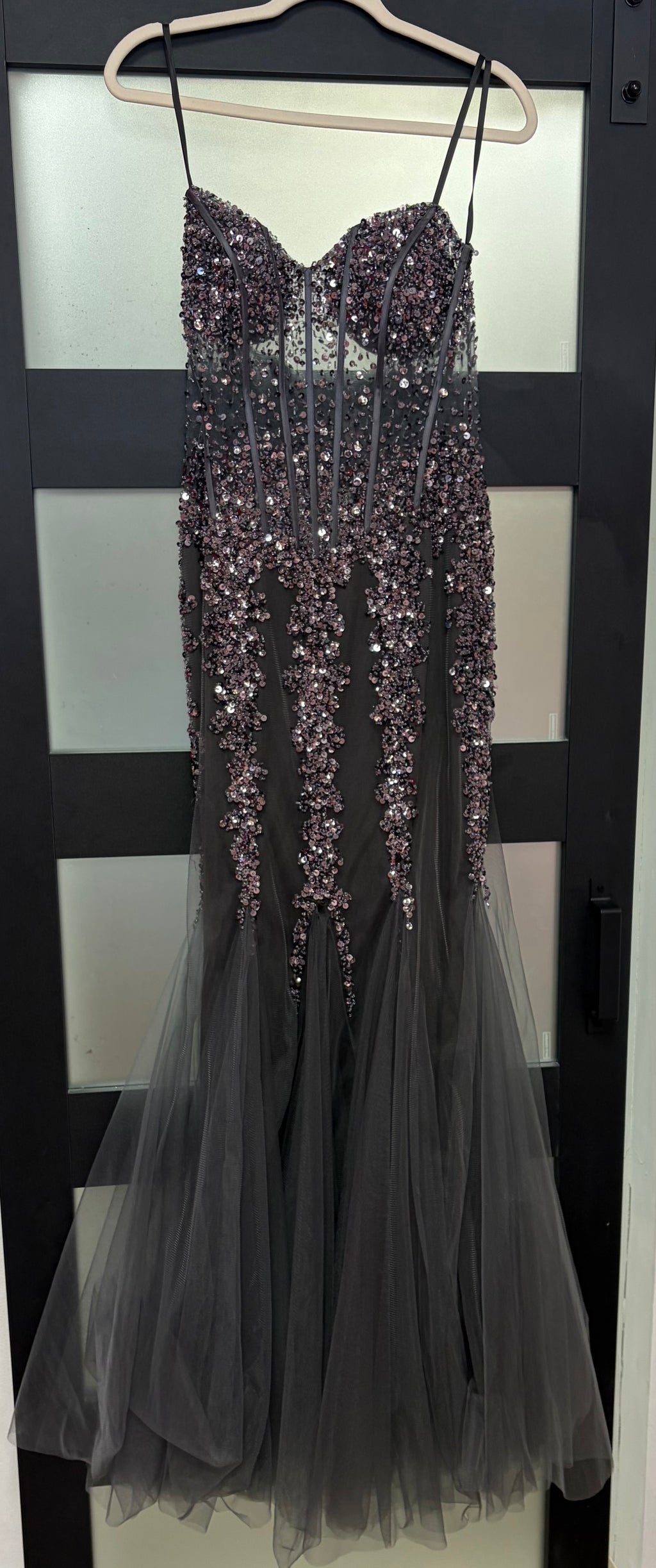 Jovani 5908 Charcoal Embellished Corset Mermaid Gown with Tulle Godets