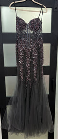 Jovani 5908 Charcoal Embellished Corset Mermaid Gown with Tulle Godets