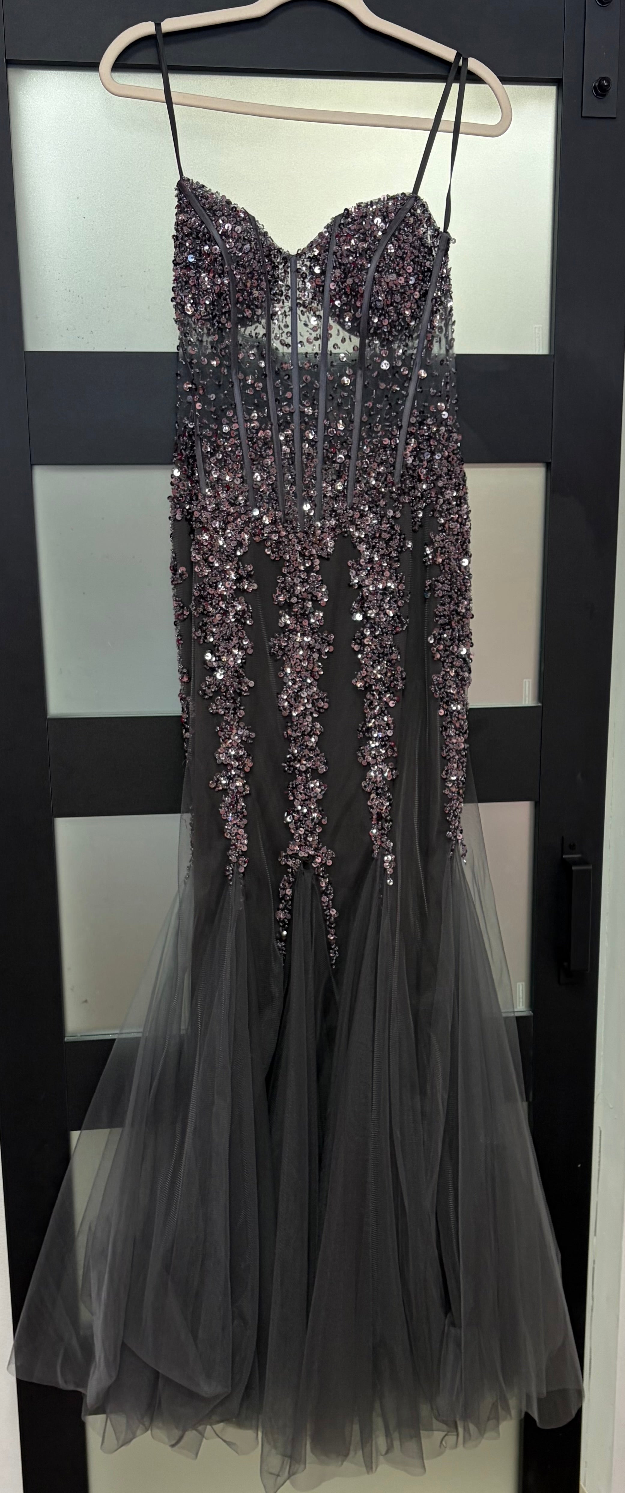 Jovani 5908 Charcoal Embellished Corset Mermaid Gown with Tulle Godets