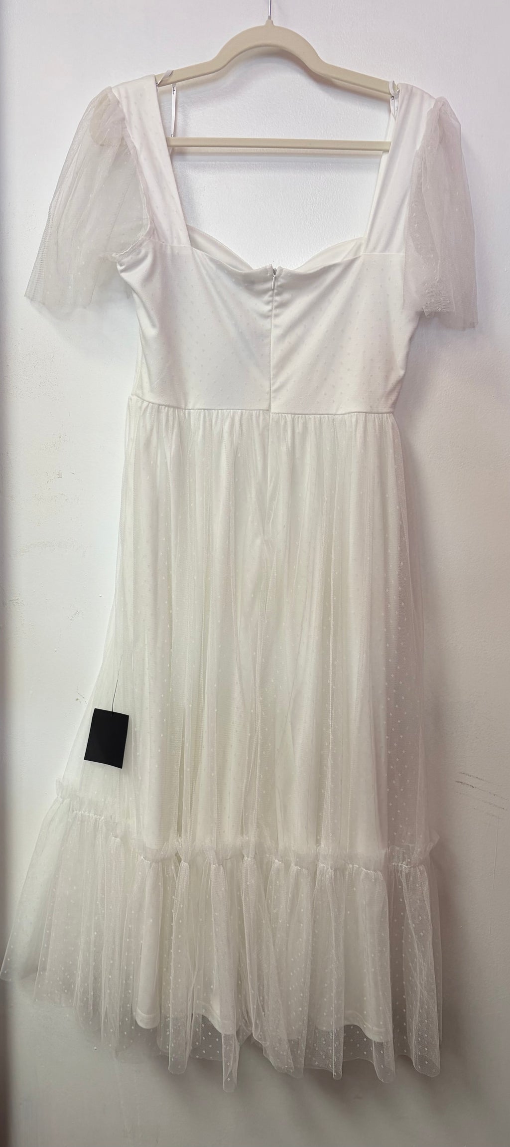 Lulus White Swiss Dot Midi Dress with Puff Sleeves and Tiered Skirt