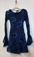 Hello Molly Navy Floral Appliqué Open Back Mini Dress with Bell Sleeves