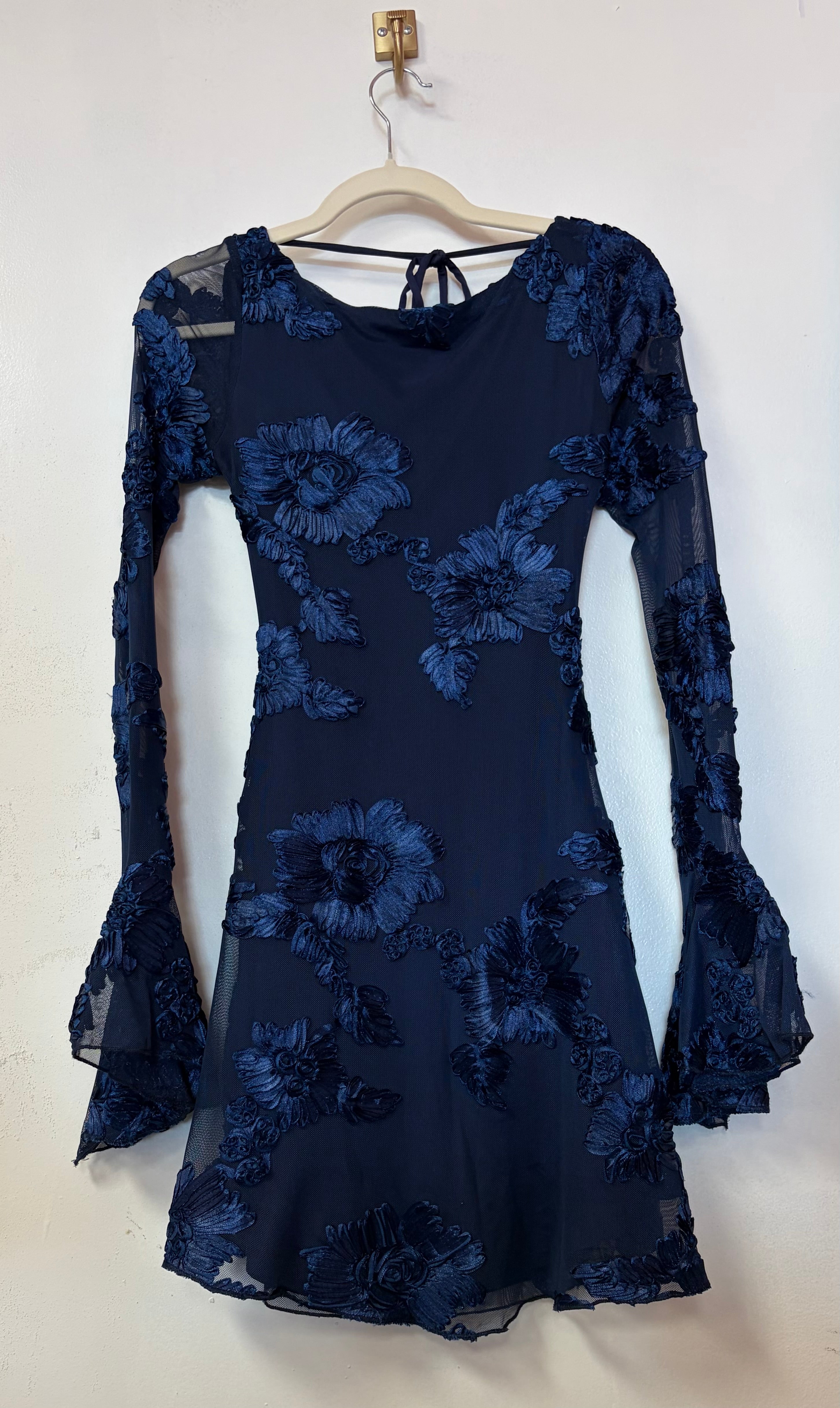 Hello Molly Navy Floral Appliqué Open Back Mini Dress with Bell Sleeves