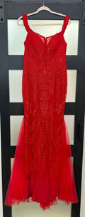Camille La Vie Red Beaded Mermaid Gown with Illusion Neckline