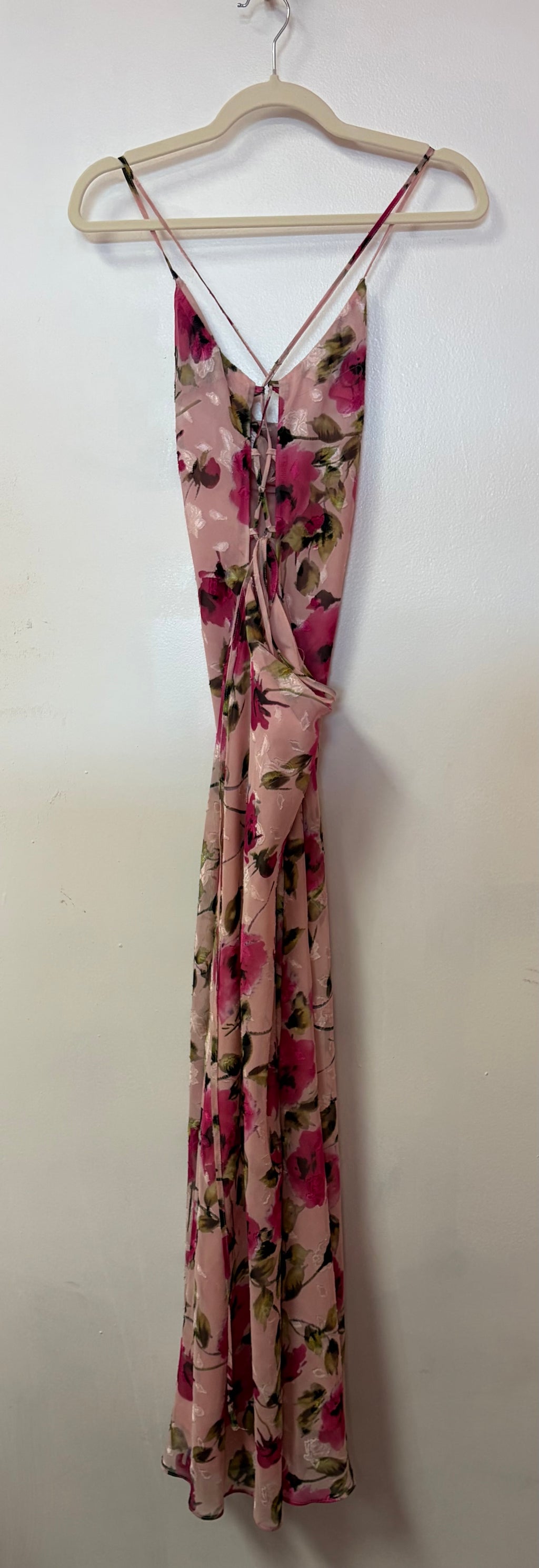 More to Come Blush Pink Floral Print Satin Gown with Cowl Neckline and Lace-Up Open Back
