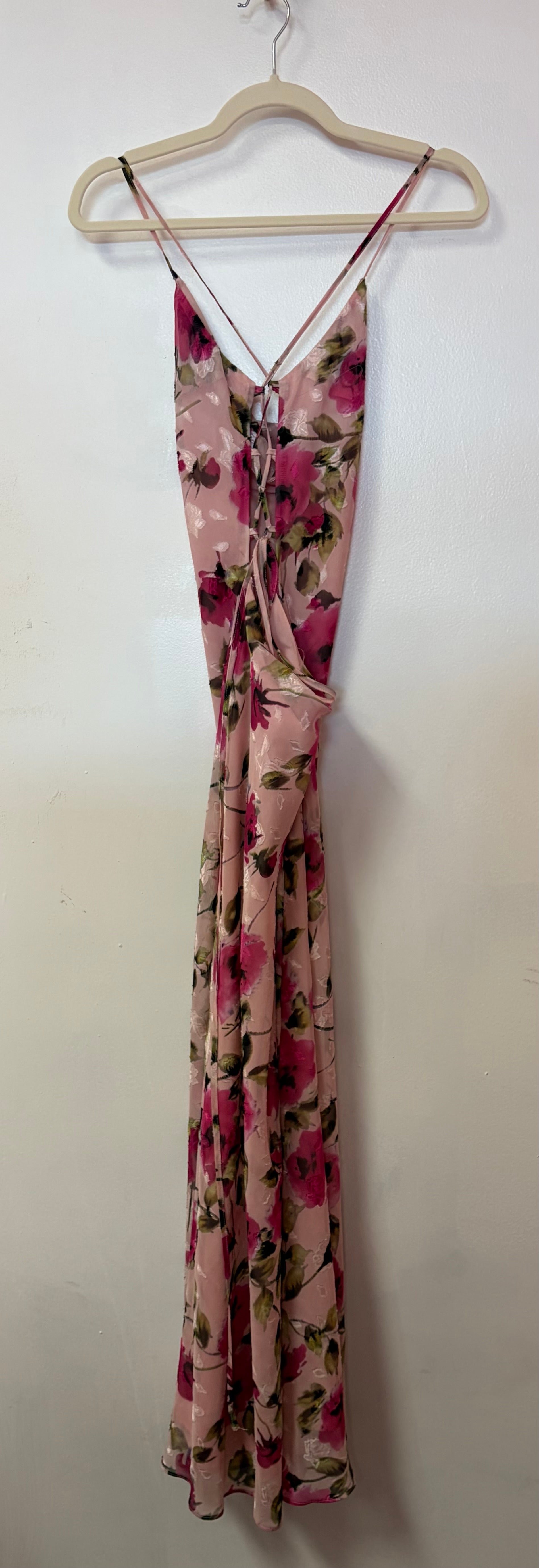 More to Come Blush Pink Floral Print Satin Gown with Cowl Neckline and Lace-Up Open Back