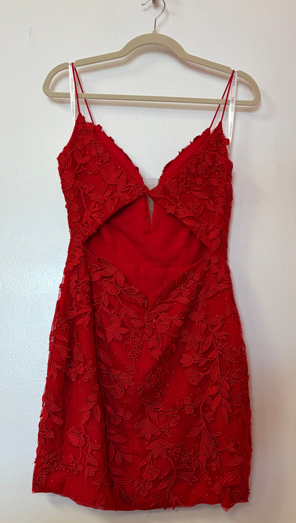 Amarra Red Floral Lace Appliqué Homecoming Dress – Beaded V-Neck Spaghetti Strap Cocktail Dress
