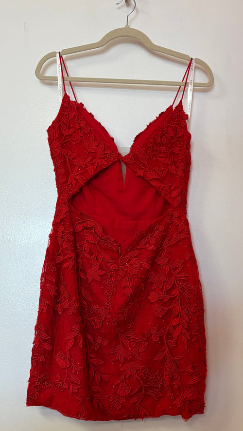 Amarra Red Floral Lace Appliqué Homecoming Dress – Beaded V-Neck Spaghetti Strap Cocktail Dress