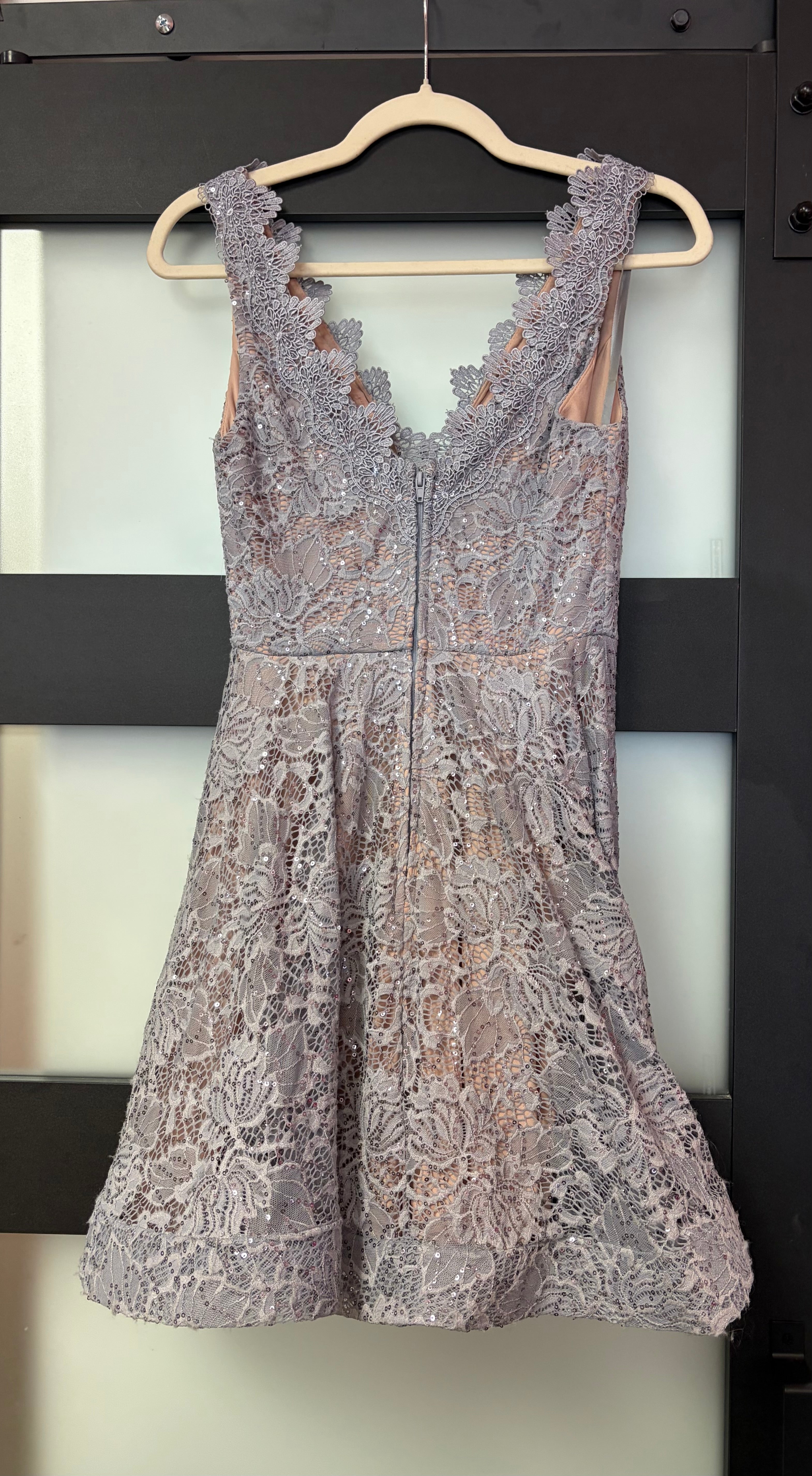 Camille La Vie Gray Lace Sequin Fit & Flare Dress