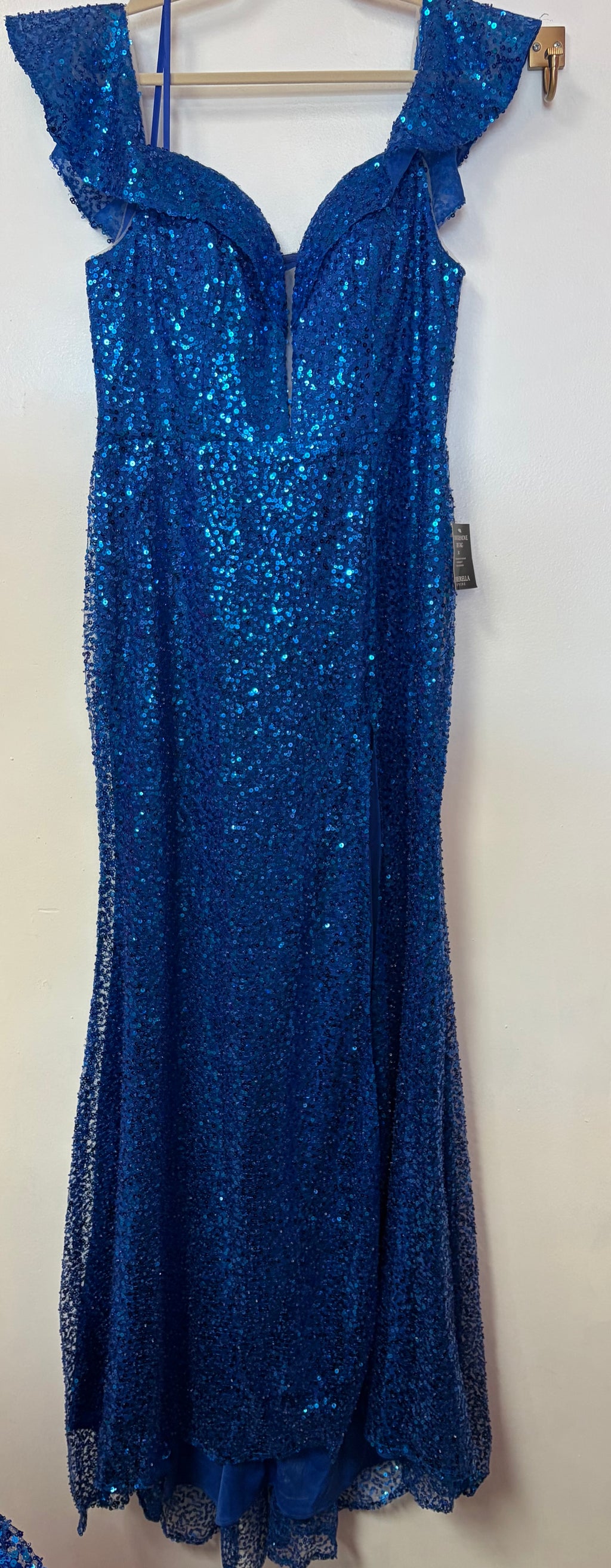 LaDivine CH167 Royal Blue Sequin Mermaid Formal Dress with Ruffled Shoulder Detail and Slit