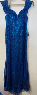 LaDivine CH167 Royal Blue Sequin Mermaid Formal Dress with Ruffled Shoulder Detail and Slit
