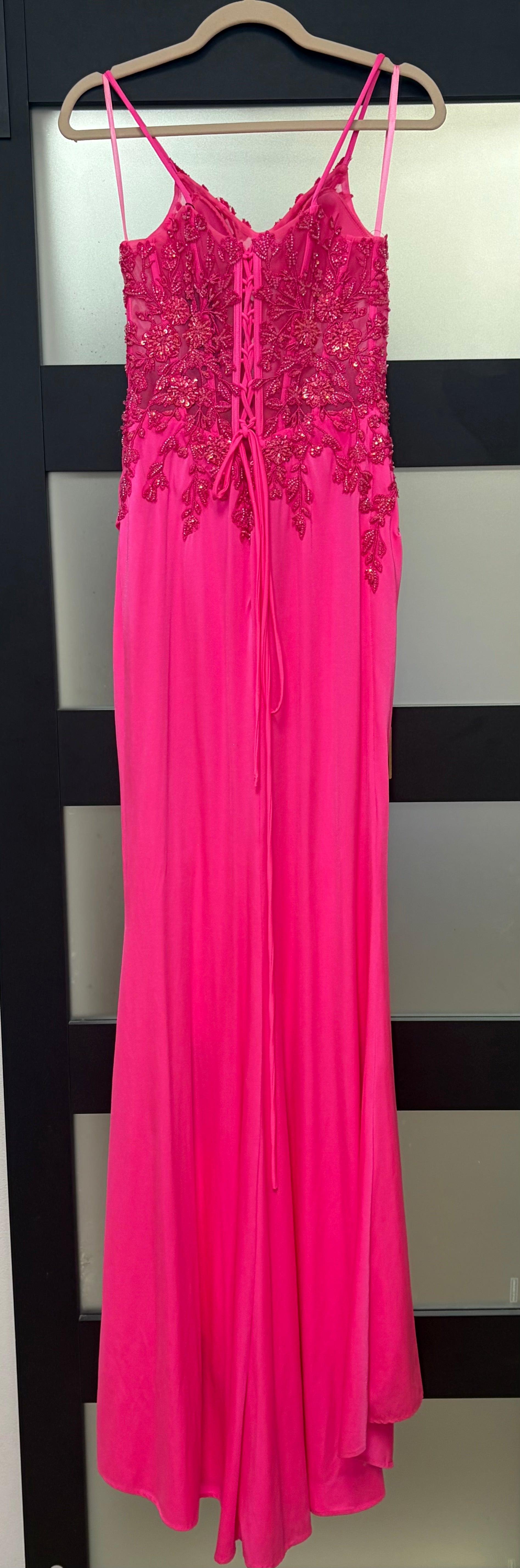 Nox Anabel H1670 Hot Pink Lace Appliqué Corset Prom Dress with Lace-Up Back