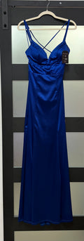 Royal Blue Satin Lace-Up Formal Gown with Strappy Open Back