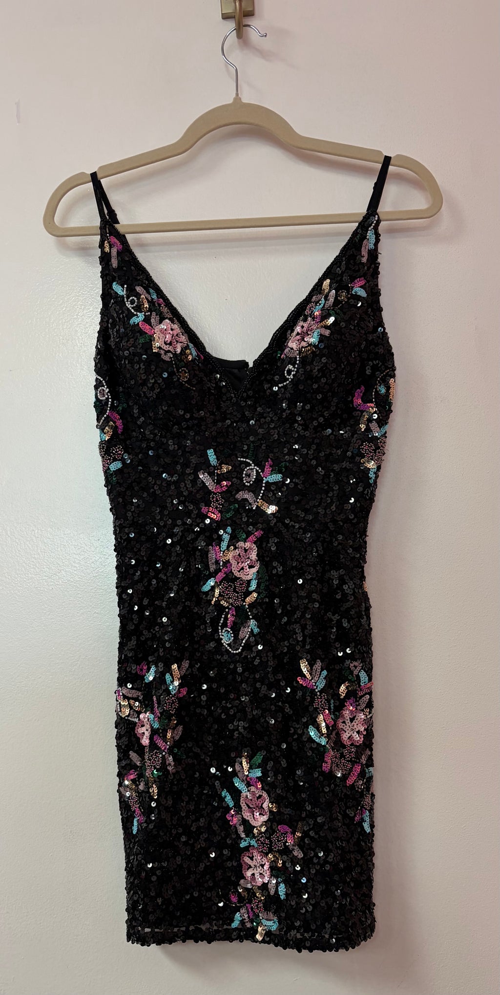 Aleta 759 Black Sequin Homecoming Dress with Multicolor Floral Embroidery and V-Neckline