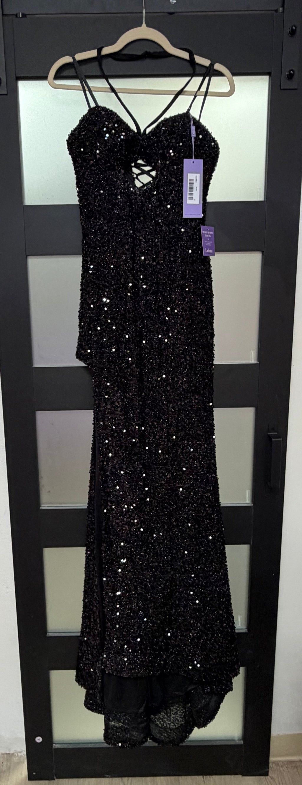 LaDivine CD883 Black Sequin Corset Evening Gown with Side Slit