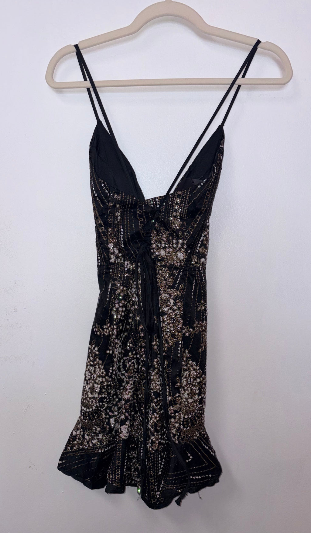 Hello Molly Black & Gold Sequin Flounce Hem Mini Dress