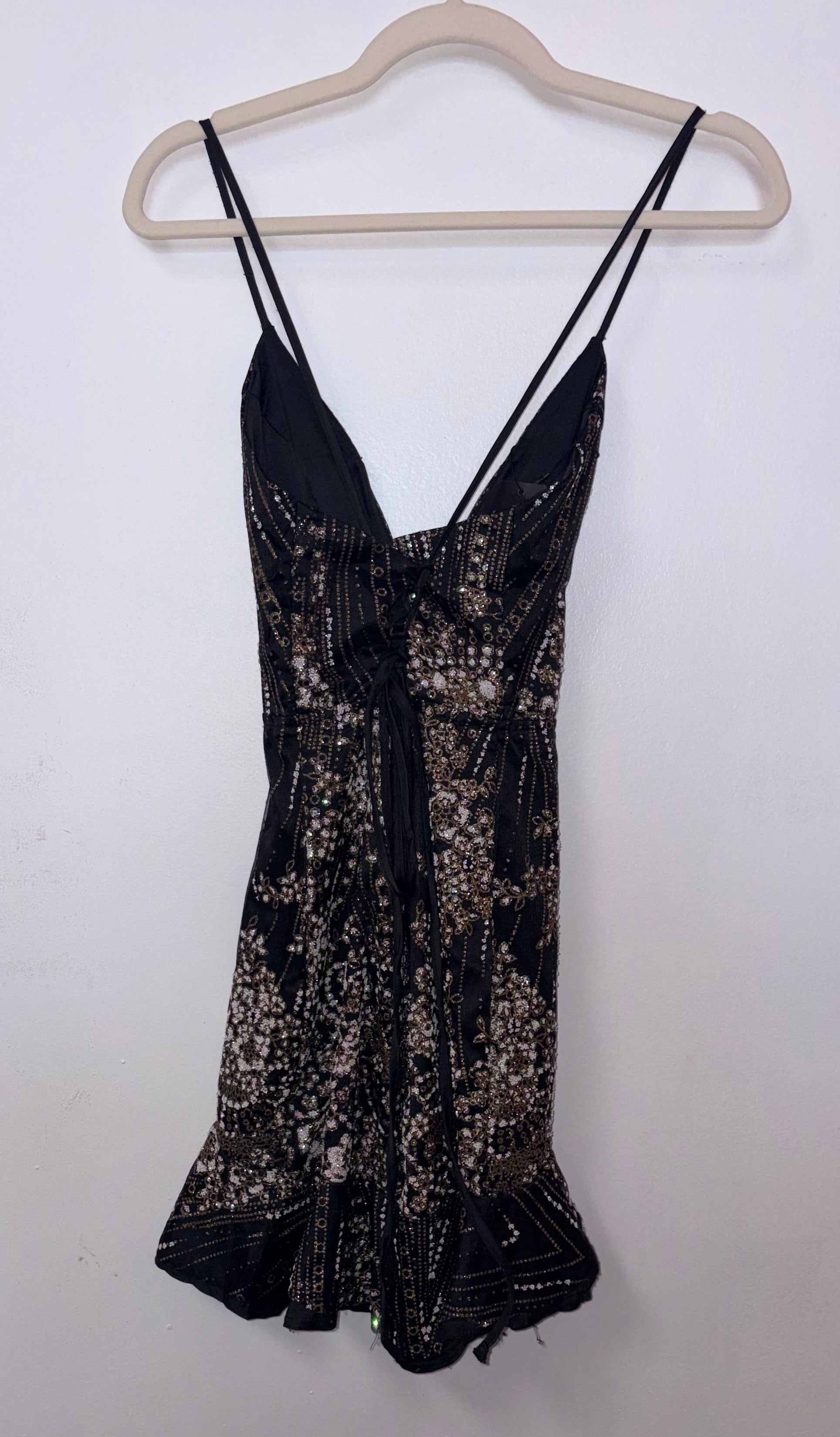 Hello Molly Black & Gold Sequin Flounce Hem Mini Dress