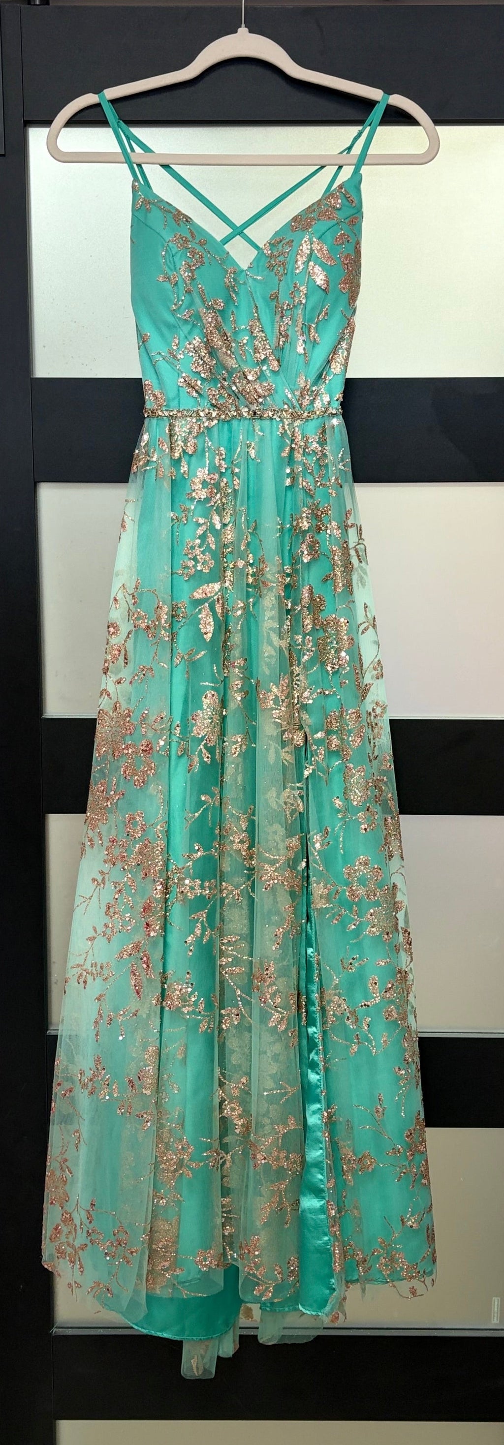 Colette by Daphne CL12006 Aqua and Gold Glitter A-Line Formal Gown