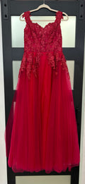Red Floral Lace Appliqué A-Line Formal Gown with Layered Tulle Skirt