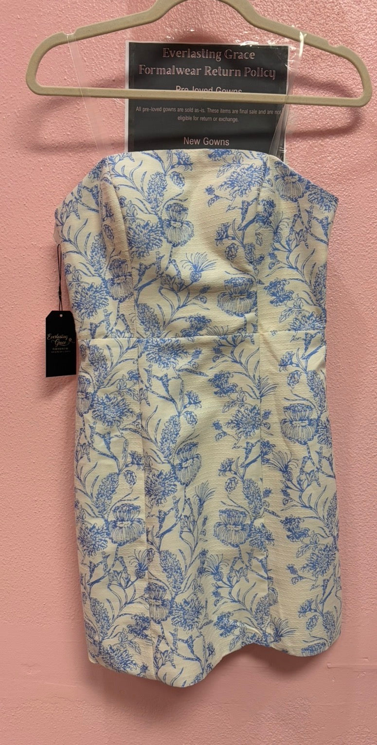 Strapless blue/cream floral minidress