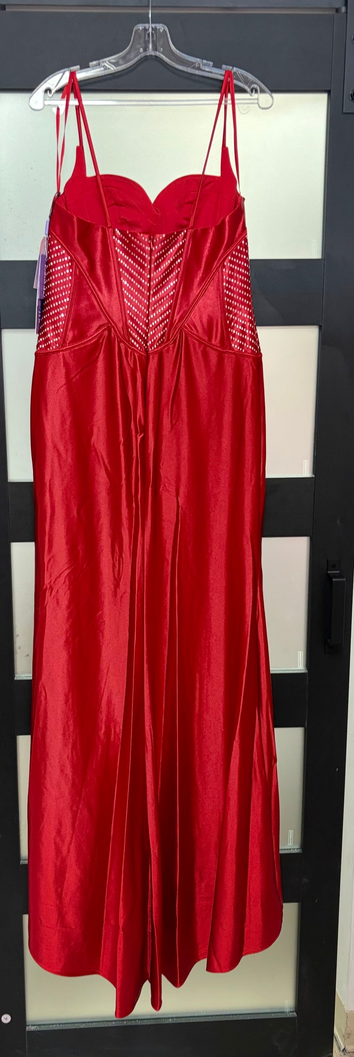 LaDivine CDS426 Red Satin Corset Formal Gown with Rhinestone Bodice