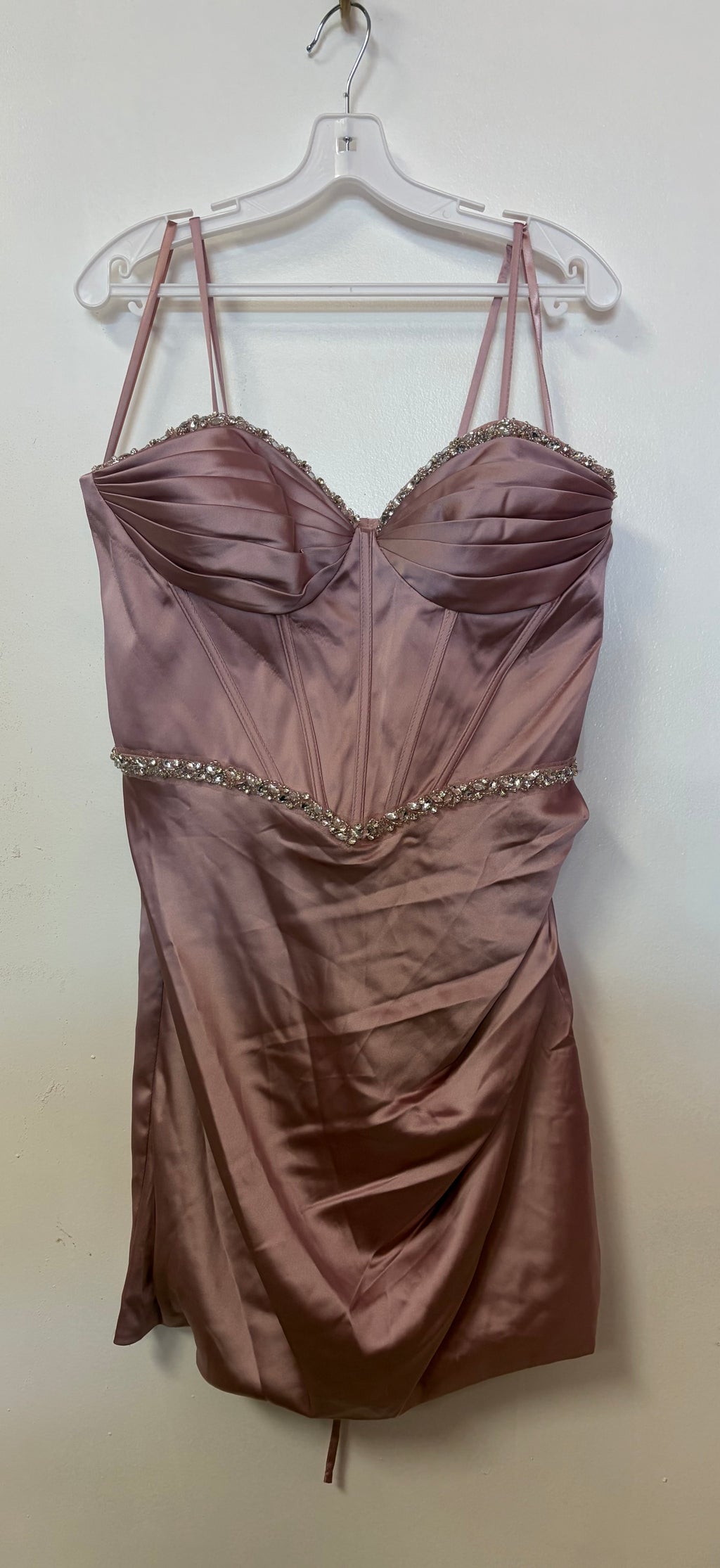 Adora 1074 Rose Pink Satin Corset Homecoming Dress with Crystal Trim and Draped Skirt