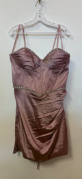 Adora 1074 Rose Pink Satin Corset Homecoming Dress with Crystal Trim and Draped Skirt
