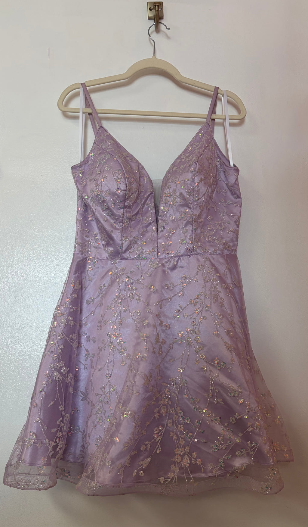 Tiffany Designs 27337 Lilac Glitter Homecoming Dress with Embroidered Floral Overlay