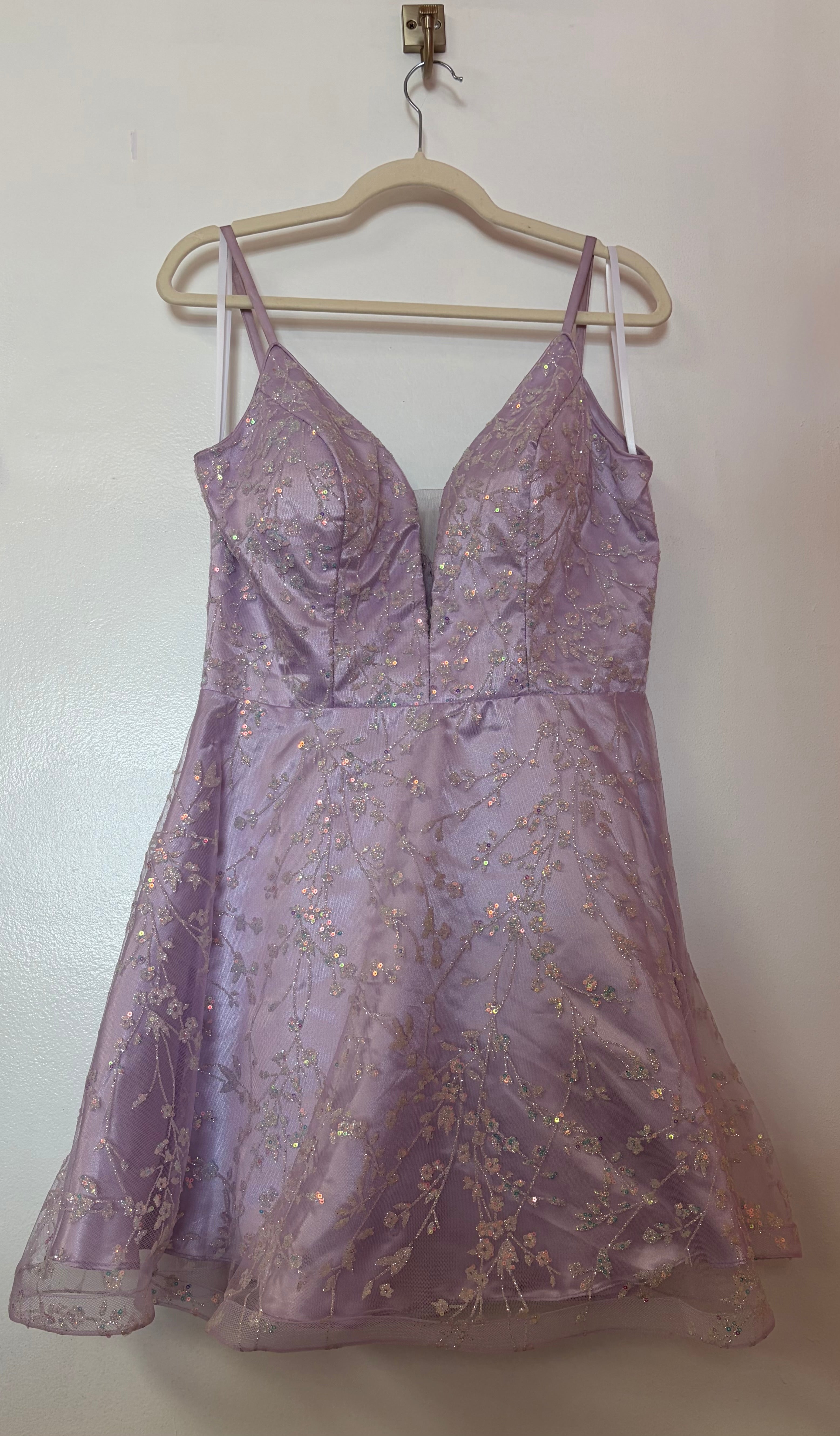 Tiffany Designs 27337 Lilac Glitter Homecoming Dress with Embroidered Floral Overlay