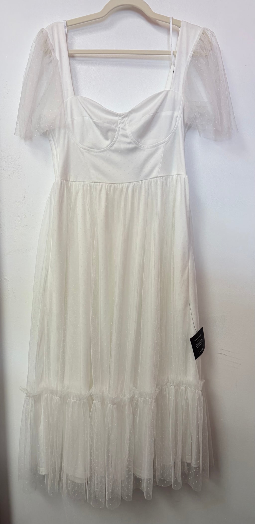 Lulus White Swiss Dot Midi Dress with Puff Sleeves and Tiered Skirt