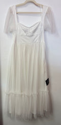 Lulus White Swiss Dot Midi Dress with Puff Sleeves and Tiered Skirt