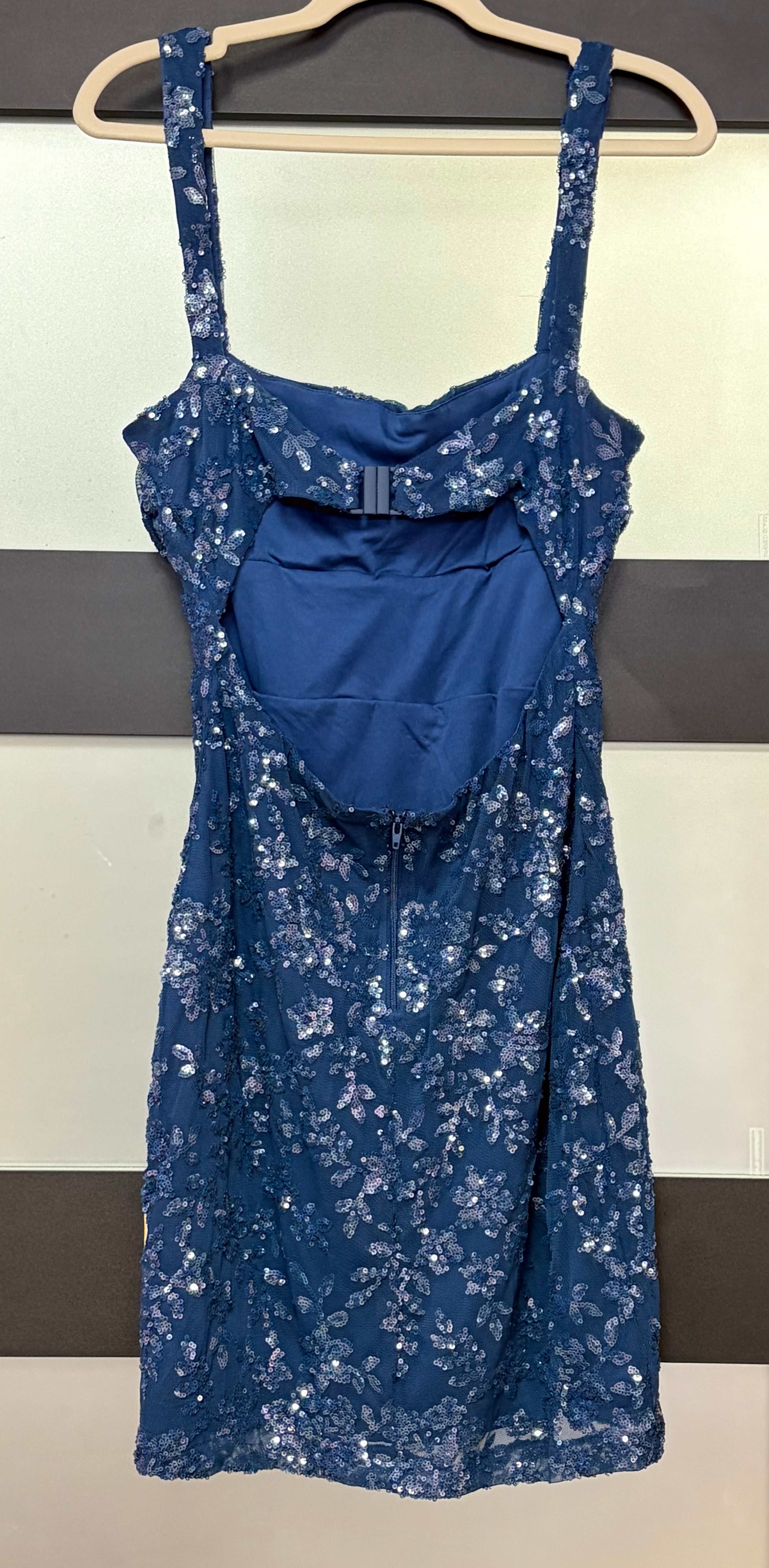 Windsor Blue Sequin Floral Lace Mini Dress