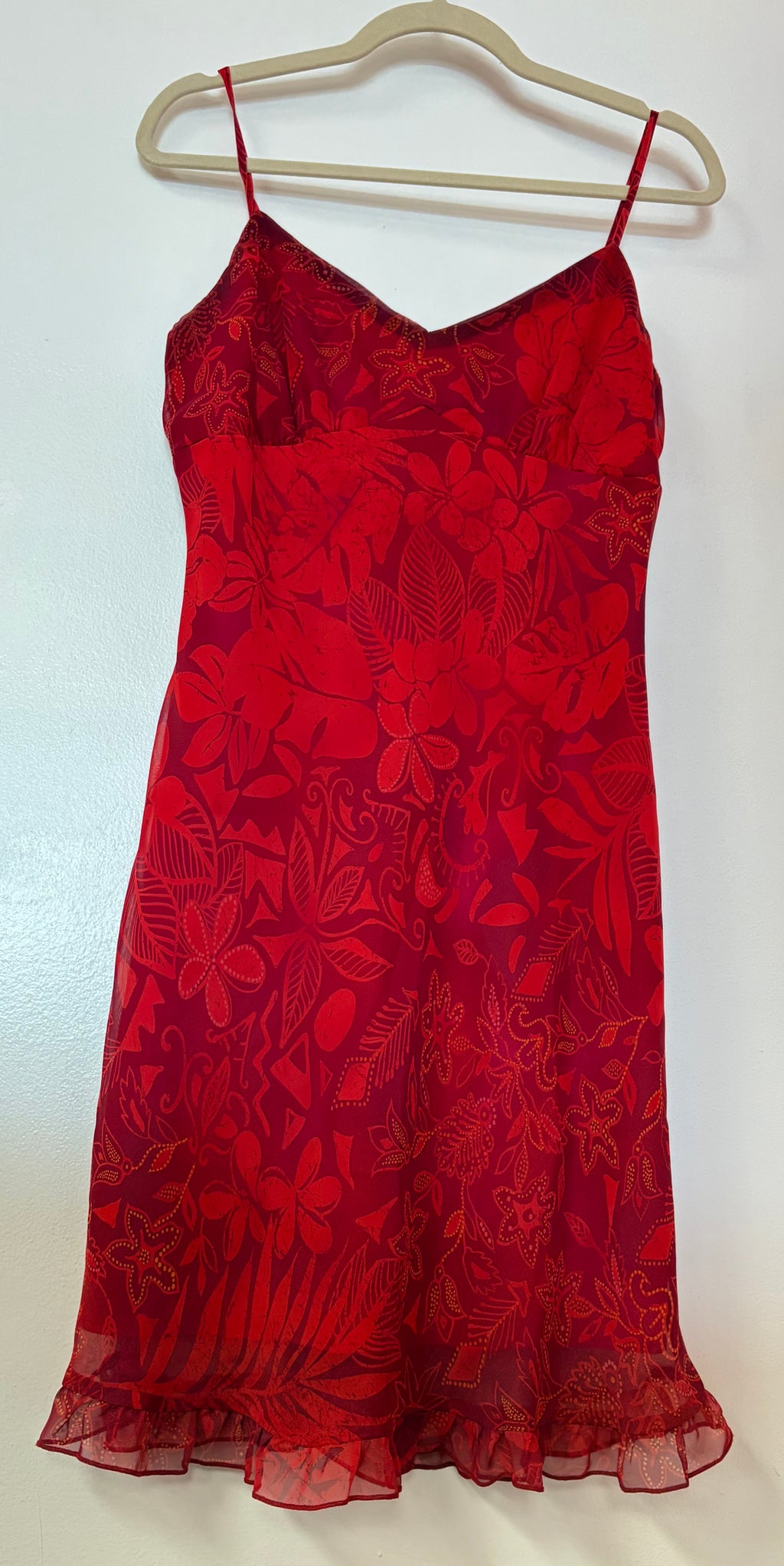 Red Tropical Floral Chiffon Slip Dress with Ruffle Hem and Spaghetti Straps