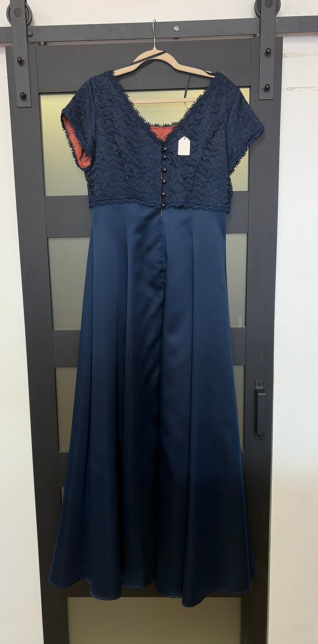 Navy Michaelangelo gown with lace detailed top