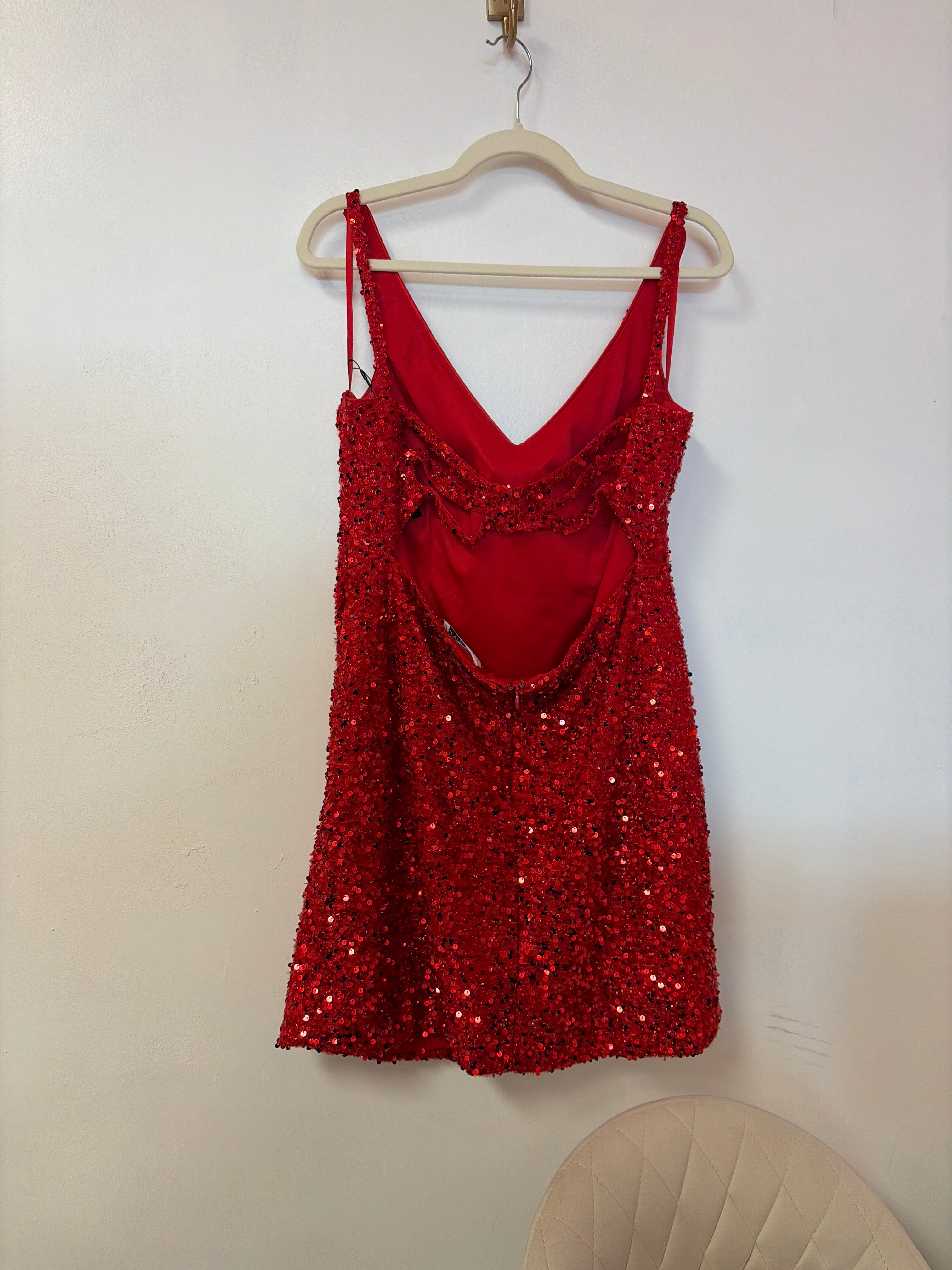 Ed Young Red Sequin Fit & Flare Cocktail Dress – Sparkly V-Neck Party Dress – Plus Size Formal Mini Dress